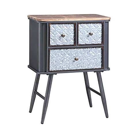 4D Concepts FORESTER 3 DRAWER SIDE TABLE, 23X13X30.7, METAL AND GALVANIZED GREY, WITH DISTRESSED WOOD Cover