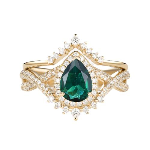 1.5ct Pear Shaped Gemstone Engagement Rings for Women 10K 14K 18K White Yellow Rose Gold Gemstone Wedding Ring Set Bridal Set Vintage Halo Infinity Ring 2pcs Inspired V Shaped Wedding Band Anniversary3