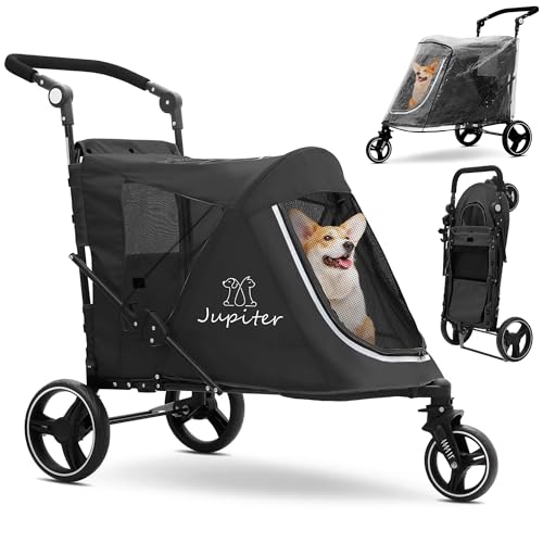 JupiterJX 3-Wheel Dog Stroller with Rain Cover, Foldable Pet Travel Carrier Cart with Adjustable Handle, One-Foot Brake, Mesh Windows & Zipper Closure, for Small to Large Dogs up to 30kg (Black)