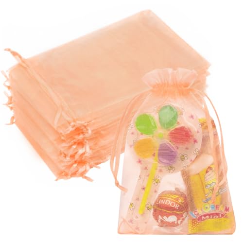 Image of Crweety 50PCS Organza Bags 4x6 Peach Small Gift Bags Mesh Drawstring | Party Favor Goodie Bag Bulk, Jewelry Sachet Candy Treat Soap Makeup Pouches, Wrap for Wedding Baby Shower Birthday Halloween