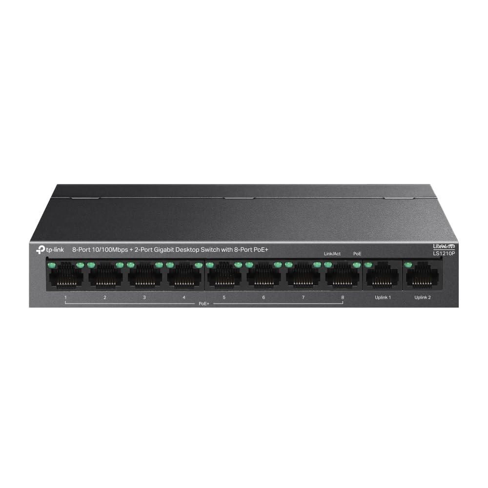 TP-Link LS1210P Switch de bureau 10 ports avec PoE 8 ports + 2 ports de liaison montante Gigabit, budget de 96 W, mode d'extension de 250 m
