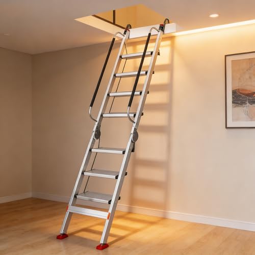 Escalera de ático plegable para pequeñas aberturas, escalera de aluminio con escalones amplios, escaleras plegables ajustables para sótano y acceso a ventanas