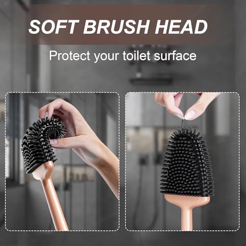 Image of Sellemer Silicone Toilet Brush, Ventilation Slots Holder 1 Pack, Rose Gold | Flexible Bristles Flat Head for Rim, Hair Tangle-Free, Easy to Clean, Compact Design, Rustproof Handle, for Toilet /Sink /Tub