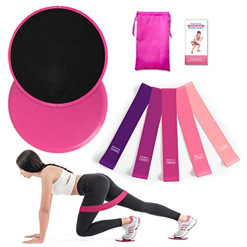 Fasce elastiche di resistenza da donna e 2 Core Sliders con sacca, set di 5 fasce rosa per esercizi fitness per gambe e glutei, allenamento a casa, bande elastiche per pilates