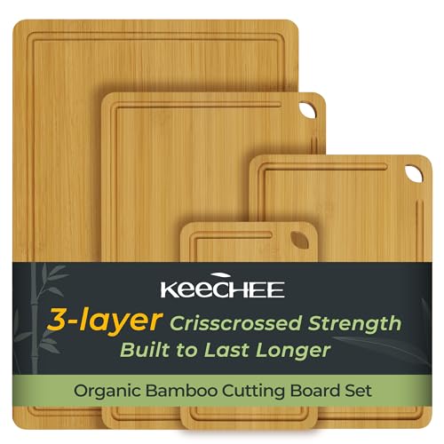 Image of Keechee Natural Bamboo Cutting Board Set of 4, Wood Chopping Block Set | Non Toxic, Resisted-Cracking&Curling, Deep Juice Groove, Side Handles,Cross-Laminated Structure, Knife-Friendly