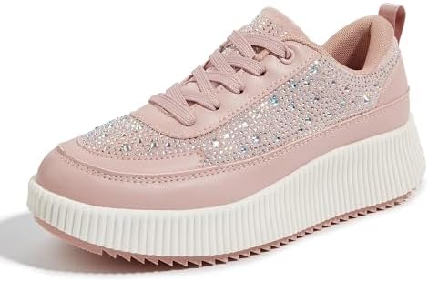 LUCKY STEP Women’s Platform Sneakers Rhinestone Fashion Chunky Casual Sparkly Retro Braided Walking Shoes