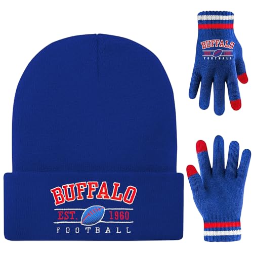 Winter Embroidered Soft Beanie Football Knit Hat With Warm Touch Screen Gloves - Game Day Gifts For Men Women And Fans