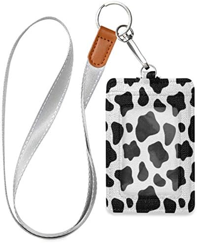Cow Print Badge Holder with Lanyard, Vertical PU Leather ID Card Holders with 1 ID Window and 2 Card Slots