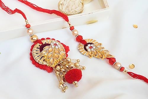 UtsaWe Rakhi Gift Box | Bhaiya Bhabhi Rakhi Gift Box with Roli, Chawal, Greeting Card, Thali Set, and Chocolates | Rakhi Gift Set | Rakhi Gift Hamper (Red Couple Rakhi)3