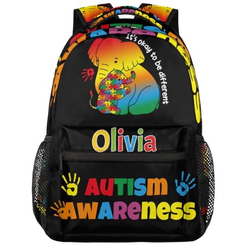 Personalized Name School Backpack for Boys Kids, Custom Autism Awareness Preschool Kindergarten Backpacks for Girls Bookbag Daycare Travel Daypack,Jigsaw Puzzle Elephant