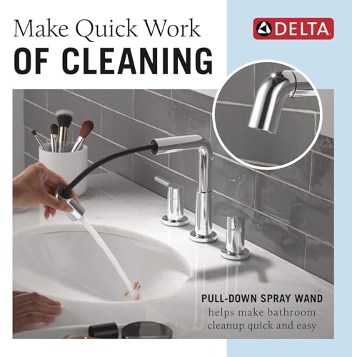 Image of Delta Nicoli Chrome Bathroom Faucet with Sprayer, 8 Inch 3 Hole Widespread Bathroom Sink Faucet with Pull Out Sprayer, Push-Pop Drain, Chrome 35849LF-PD