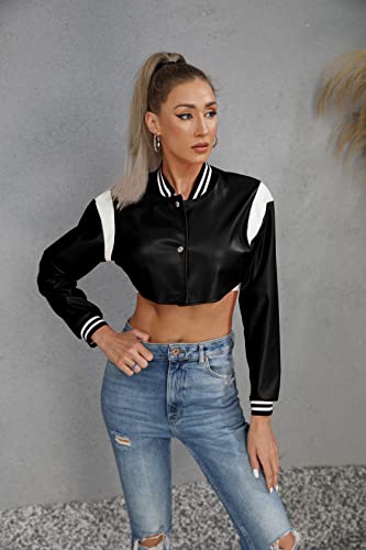 Women's Faux Leather Jackets Sexy Varsity Baseball Jacket Lightweight Cropped Bomber Jacket Coat #TOP3