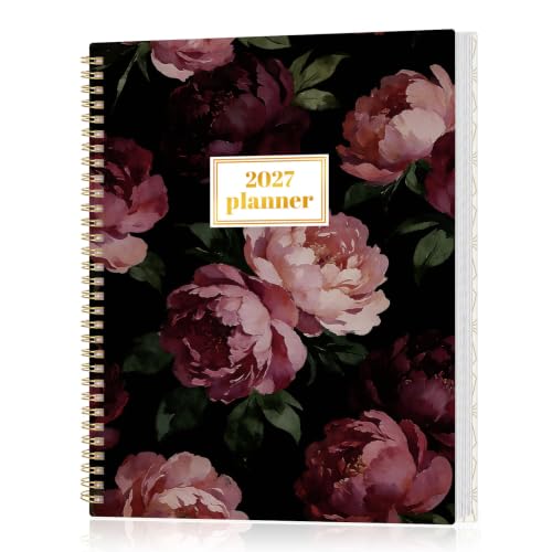 SUNEE 2027 Planner, Weekly and Monthly Calendar Planner, January 2027-December 2027, Daily Agenda with Tabs, Note Pages, Spiral Binding, 8.5"x11", Deep Night Peony