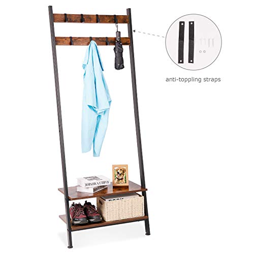 Wall-Leaning Ladder Shelves Coat Rack Hall Tree Entryway Shelf Shoe Rack Home Office Decor Wood Look Furniture with Metal Frame