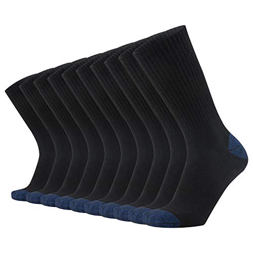 KMM Cotton Moisture Wicking Control Heavy Duty Work Boot Cushion Crew Socks Men 10 Pack(Black+Blue L)