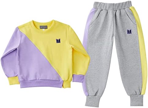 ROROANCO Boys Girls Toddler Kids Tracksuit Pullover Jogger set Sweatshirts Jogger Pant 2Pcs Sweatsuit Activewear Sweatpant Colorblock Outfit 8-9 years Violet_Yellow