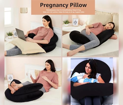 Image of Amazon Basics Full Body Pregnancy Pillow for Maternity, Baby Nursing, Full Body Support -Abdomen,Hip, Spine, Neck& Leg Support Cushion| Perfect Baby Shower Gift |C-Shaped-Washable Cover with Zip-Black