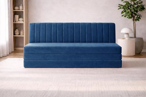 Image of Rosebell -3 Seater Upholstered Armless Sofa Cum Bed with Backrest | Soft Velvet Fabric Finish | Modern Living Room & Bedroom -Blue