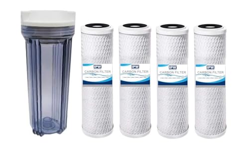 IPW Industries Inc. Clear Filter Housing Compatible to HF2-10CLWH14 and Compatible to Water Pur Company CCI-10CLW 10" Cartridge w/ 1/4" NPT Ports and 4 Carbon Filters