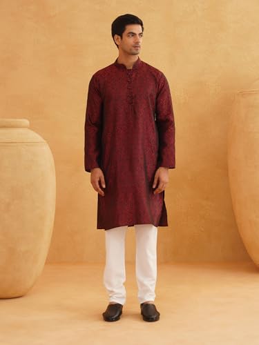 Image of SOJANYA (Since 1958 Men's Silk Blend Self Design Maroon Kurta and Churidar Pyjama Set