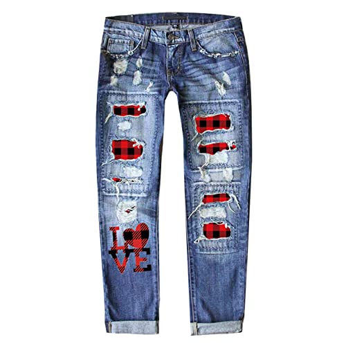 Image of Skinny Black Trousers Women Straight Leg Jeans for Women UK Autumn Winter Ripped Distressed Denim Trousers High Waist Thickened Valentines Day Printed Mom Pants Straight Leg Trendy Jeggings