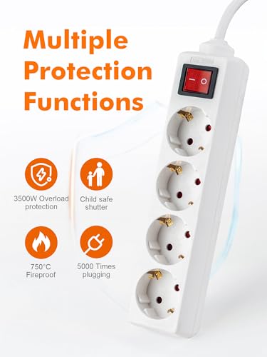 Miniatura 3 de Grifema Regleta Enchufes Con 4 Tomas Y Interruptor, 3500 W, 16 A, 1,5 M, Blanco, Protección Infantil, Orientación A 45 Grados, Evita Consumos Fantasma