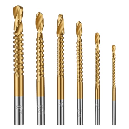 Grevosea 6 Pack Titanium Drill Bit Set, HSS Twist Drill Bits 3/4/5/6/6.5/8mm Serrated Side Cutting Drill Bit for Hard Metal Steel Alloy and Building Engineering Woodworking Tools