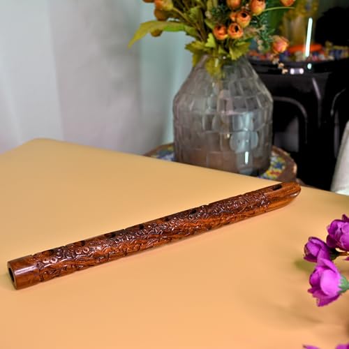 Image of Handmade Wooden Musical Flute (33x2.5x2 Cm) Elegant Brown Basuri For Shri Krishna Statue, Ideal Musician Premium Mouth Bansuri Instrument For Kanha Devotees And Music Enthusiasts