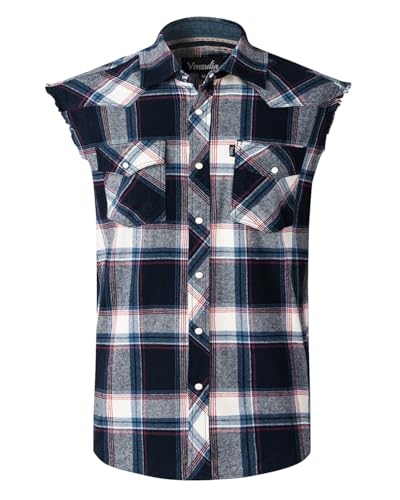 Mens Casual Flannel Plaid snap Shirt Sleeveless with Pocket (navywht,XL)