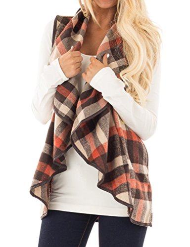 Ezcosplay Women Lapel Collar Sleeveless Open Front Plaid Vest Cardigan Coat Khaki #TOP14