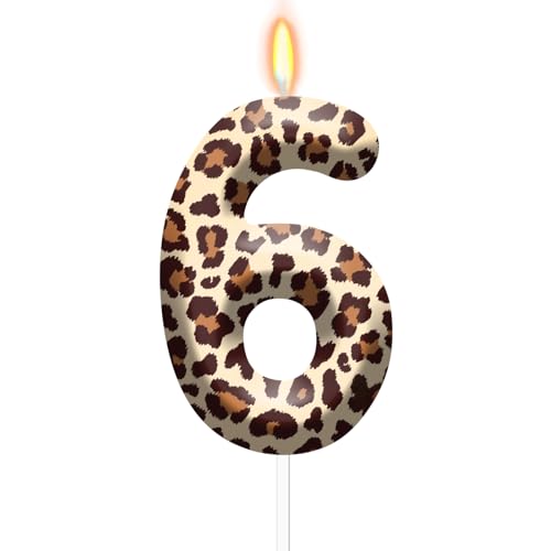 Cheetah Print Birthday Candles, Leopard Print Number 6 Candle Cake Topper for Birthday Party Cake Decoration, Reunions Theme Party Supplies