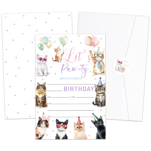 Smenudlli Cute Cats Birthday Party Invitations, Let's Pawty Invites Cards with Envelopes and Sticker (20 Pack), Kittens Birthday Party Decorations Supplies -01 by Smenudlli - Used condition - US$8.58
