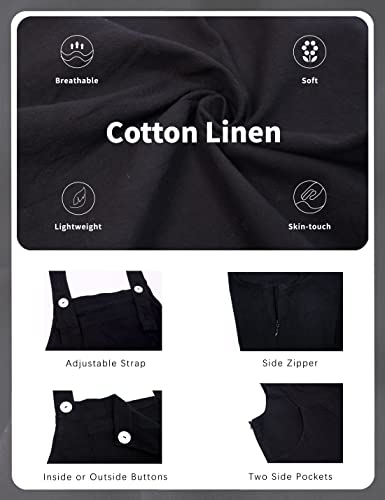 Seekme Women's Cotton Linen Bib Overalls Sleeveless Adjustable Straps Baggy Wide Leg Jumpsuit(1700-Black-M-Fy) Medium #TOP2