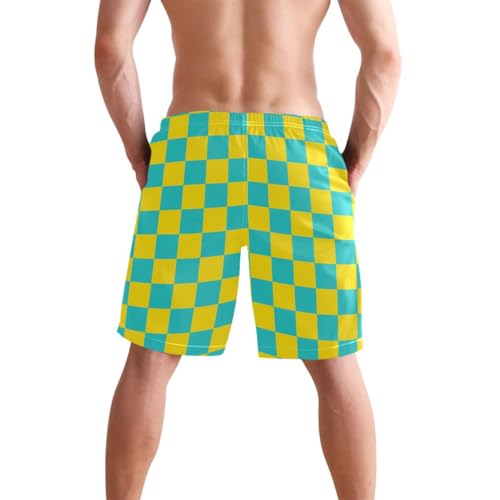 Yellow and Teal Buffalo Checkered Mens Swim Trunks Quick Dry Beach Shorts with Pocket S3