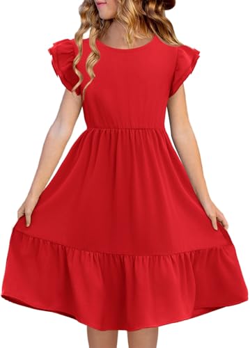 Haloumoning Girls Summer Dress Kids Double Layer Ruffle Sleeve Dresses 5-14 Years Red