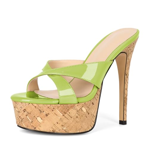 Image of Esvowido Heeled Mules for Women Cork Platform Stiletto Heels Slip on Open Toe High Heeled Sandals Crisscross Slippers Pumps Shoes