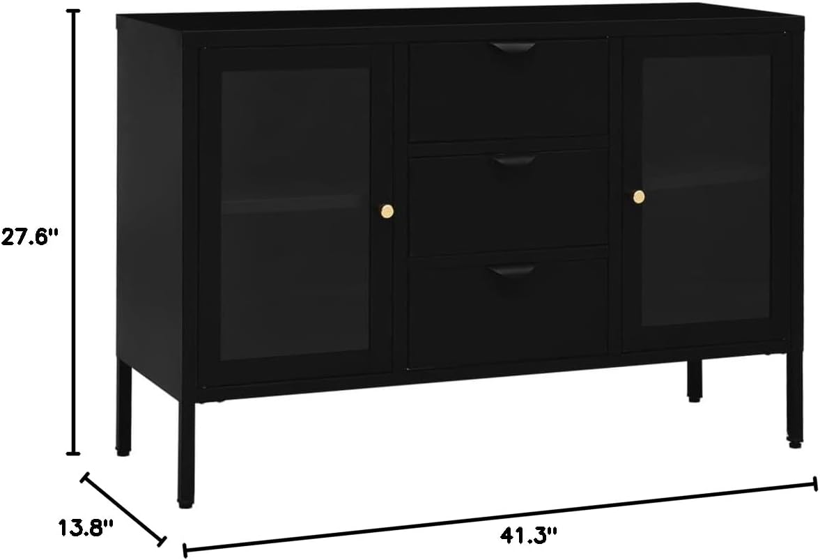 Black Steel Sideboard with Tempered Glass Doors and Adjustable Shelves, Wall-Mounted Storage Cabinet for Living Room, Durable Metal Frame, Matte Finish, 2 Shelves
