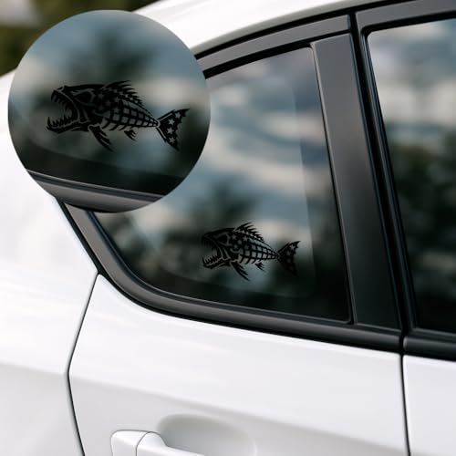 Image of 2Pcs - No Background - Waterproof Car Sticker Decal of Patriotic American Flag Fishing Bone Fish Design for Outdoor Enthusiasts and Nature Lovers (Black, 6.8'' x 3.8'') |k19952BL
