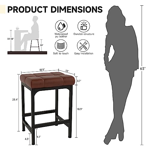 Mutun 23 In Bar Stools, Counter Height Bar Stools, Modern Backless Faux Leather Upholstered Barstools, Industrial Metal Island Chairs For Kitchen Dining Room Cafe Home, Brownish-Red #TOP2