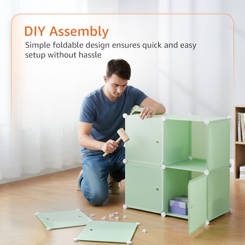 Image of Amazon Basics Plastic Modular Wardrobe Storage Cabinet for Home | 8 Cube Organizer with Doors | DIY Foldable Closet for Clothes, Toys & Essentials | Green with Stickers | 75 x 37 x 128 cm