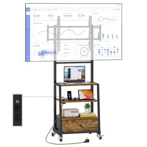 TV ständer Rollbar mit Halterung und Stauraum, Stoffschublade für 32-75...
