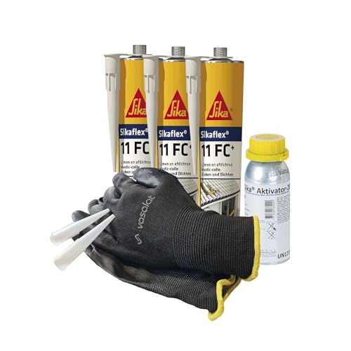 Sikaflex 11 FC weiß 3x 300ml mit Aktivator 205 und 5x Düsenspitzen - ideal für die Abdichtung von Aluminium und Stahl
