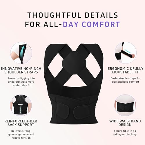 Posture Corrector for Women and Men, Back Brace Posture Support, Upper Back Straightener with Shoulder Straps, Back Support Belt for Daily Wear, Posture Corrector Brace Back Straightener Black, Medium