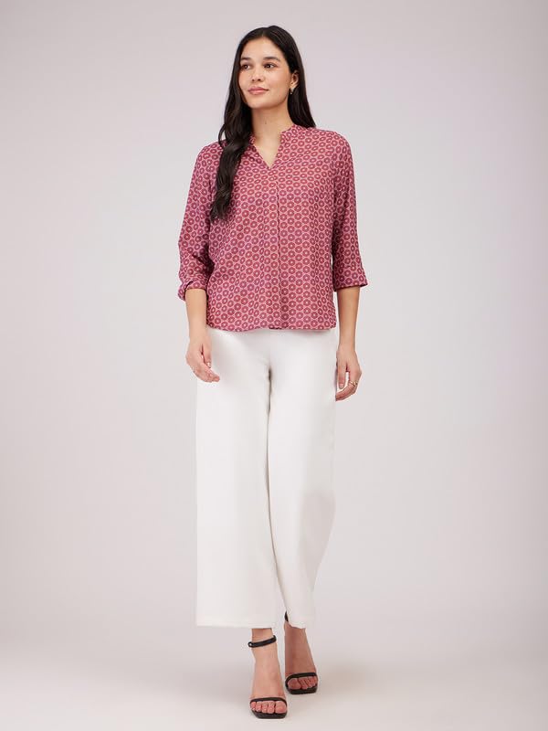 Image of FableStreet Women Shirt Work & Casual | Relaxed Fit Mandarin V-Neck Three-Quarter Sleeves Solid Pattern | Breathable Woven Fabric for Office & Everyday Wear
