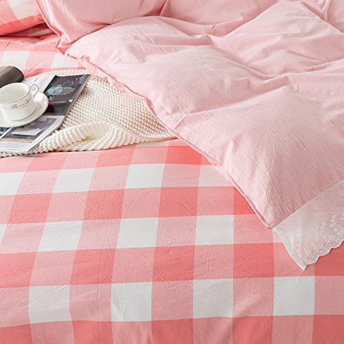 Softta Vintage White Ruffle Buffalo Plaid Bedding Set 3Pcs Duvet Cover Set 100% Pure Natural Yarn Dyed Washed Cotton 1 Duvet Cover + 2 Pillowcases Check Pattern White And Pink Twin Size #TOP2