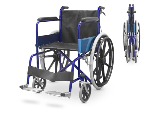 QUIRUMED Silla de ruedas plegable de acero, con frenos de mano y frenos en manetas, Reposapiés abatibles, Fácil plegado, Ligera, Para mayores, Para minusválidos