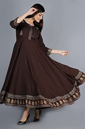 Image of Women's Rayon Golden Flroal Printed Anarkali Kurti