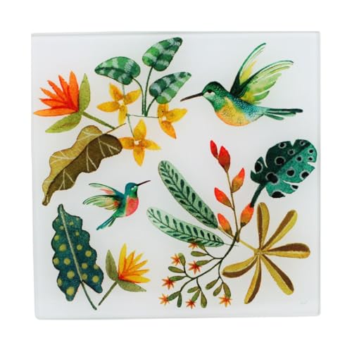 Dessous de Plat en Verre, Motif Colibris et Plantes Tropicales, 20 x 20 cm