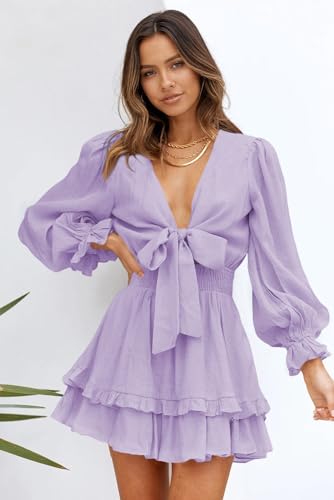 Image of AlvaQ Women Dress 2025 Spring Fall Long Sleeve Mini Dress Summer Sexy V Neck Knot Front Sundress Purple Medium