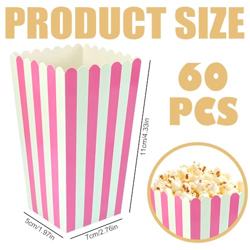 Image of 60 Pcs Paper Pink Popcorn Boxes, Pink Popcorn Bags with White Striped, Popcorn Boxes for Party, Popcorn Holders for Party Birthday Favor Supplies